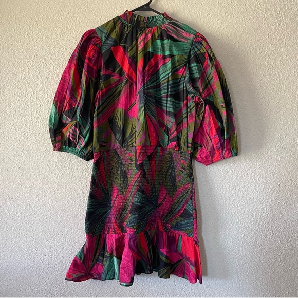 FARM Rio Midnight Leaves Mini Dress Women’s S Smocked Ruffle Puff Sleeve Cotton - Picture 8 of 16